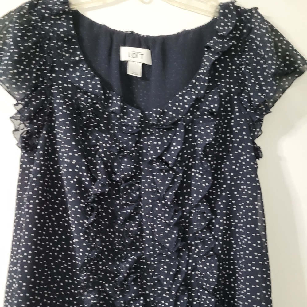 Ann Taylor Loft Navy Blue Dot Ruffle Blouse Size XS
